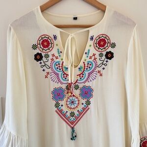 Boho Embroidered Peasant Dress Cream Fringe Festival Tunic Midi S